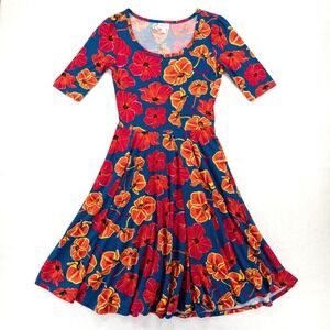 LuLaRoe Nicole Dress Small Blue Red Orange Floral Flare Elbow Sleeve Maximalist